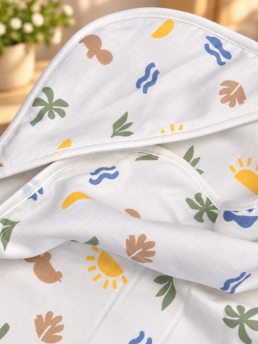 Ziva Premium Muslin Hooded Towel – Double Layer Muslin with Soft Fleece Core | Tropical Nature Print
