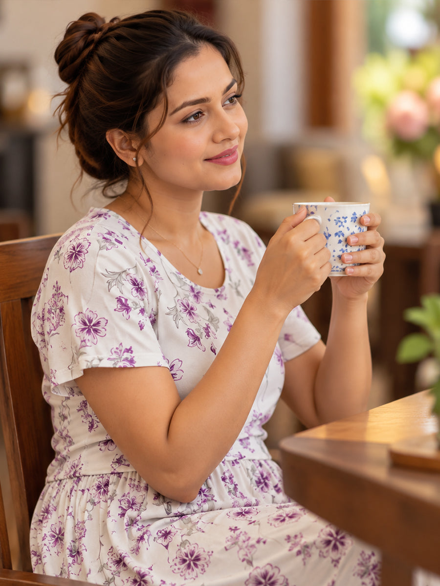 Ziva Zipless Maternity & Feeding Knitted Dress with Adjustable Waist Tie & Side Pocket | Soft White Purple Floral Print