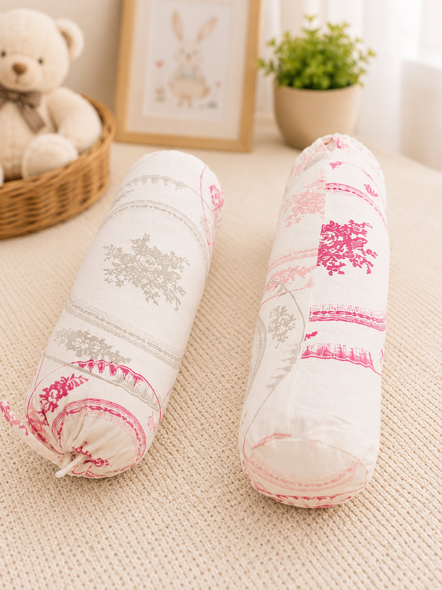 Ziva Baby Side Pillow (Bolster Pillow) | Multipurpose | Cotton Cover | Vintage Rose Medallion Print