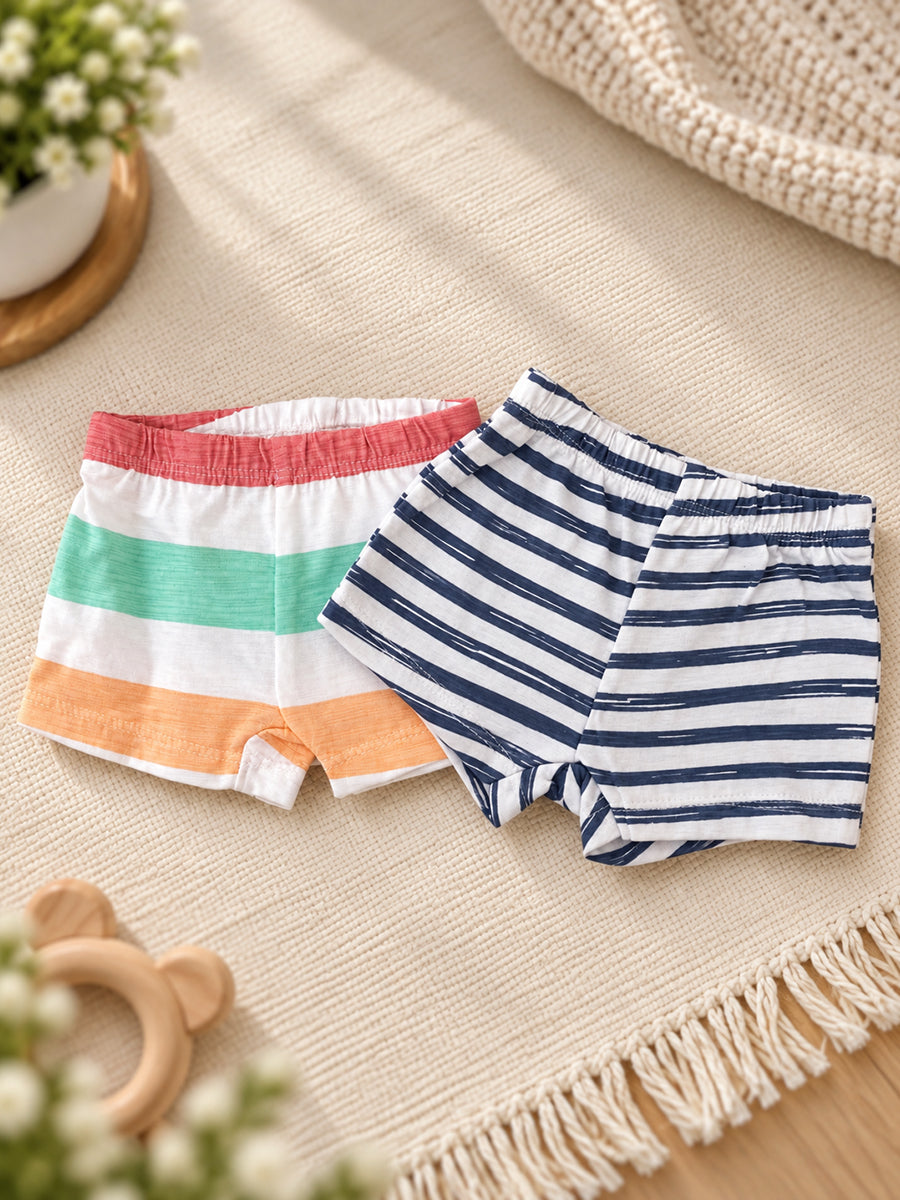 Ziva Baby Premium Knitted Cotton Shorts Combo – Pack of 2 | Navy Stripe & Multicolour Stripe