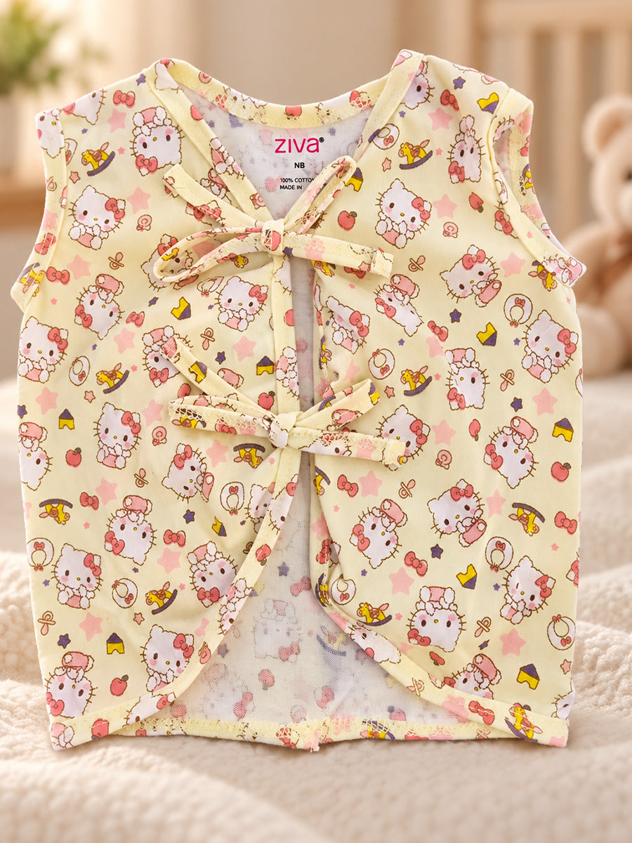 Ziva Newborn Knitted Cotton Front Open Tie Jabla with Light Padded Tie Nappy – Butter Yellow Kitty Print | 1 Jabla + 1 Nappy