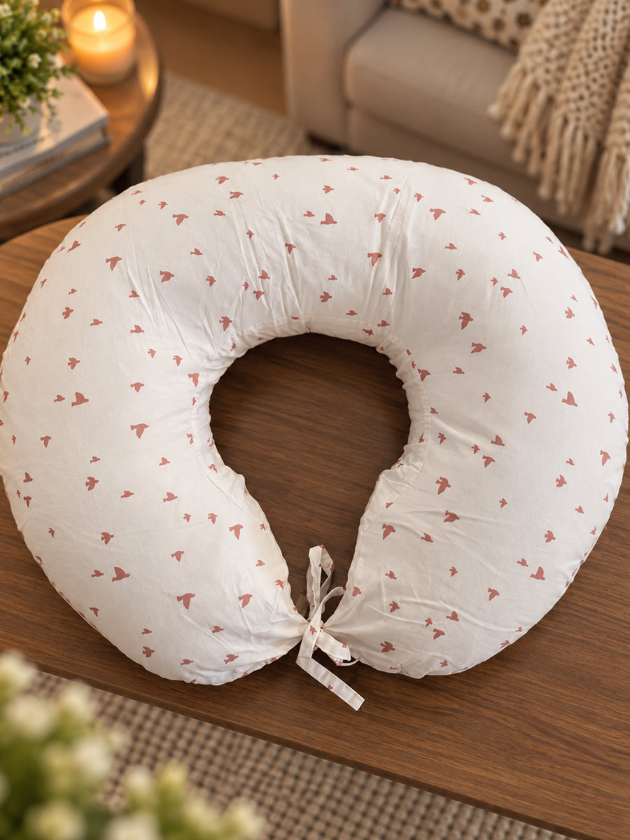 Ziva Multipurpose Feeding Pillow – White with Peach Pink Bird Print | 100% Cotton Cover | Removable & Washable