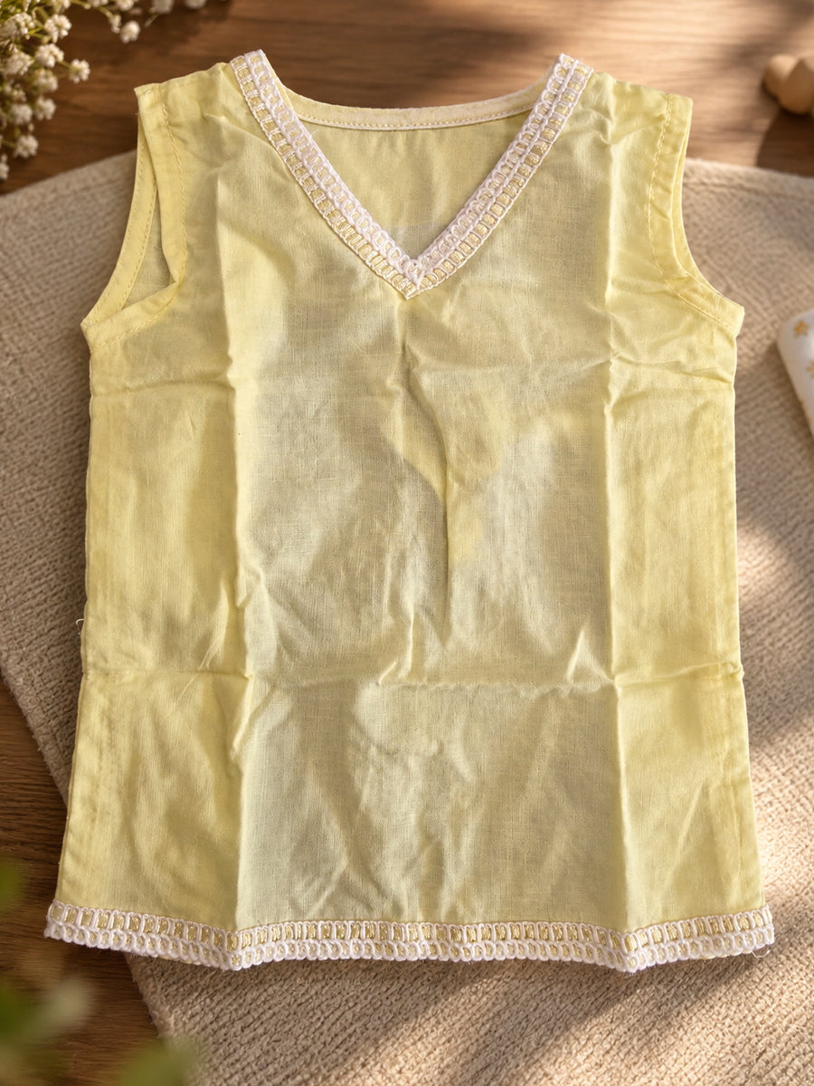 Ziva Baby Cotton V-Neck Top & Bloomer Set – Soft Yellow | Back Tie | 1 Top + 1 Bloomer