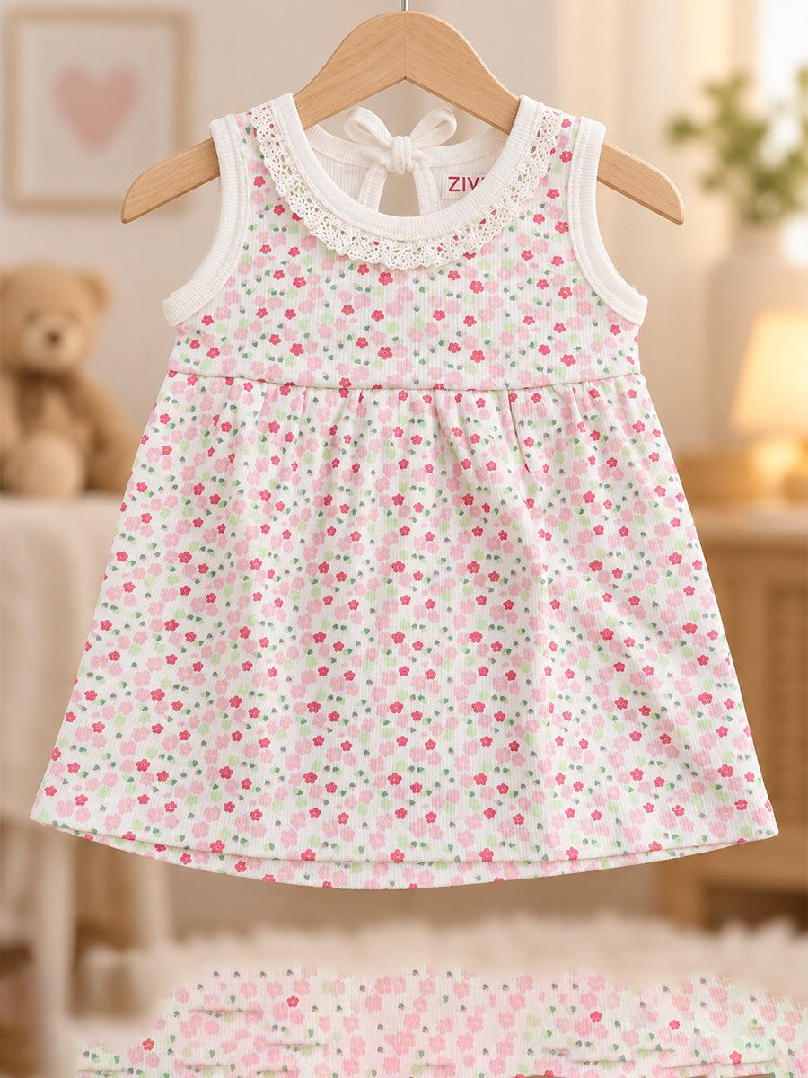 Ziva Baby Girl Frock with Pantie – Soft Ivory Pink Floral Print | Premium Knitted Cotton | Crochet Lace Neckline & Back Knot Tie | 2-Piece Set