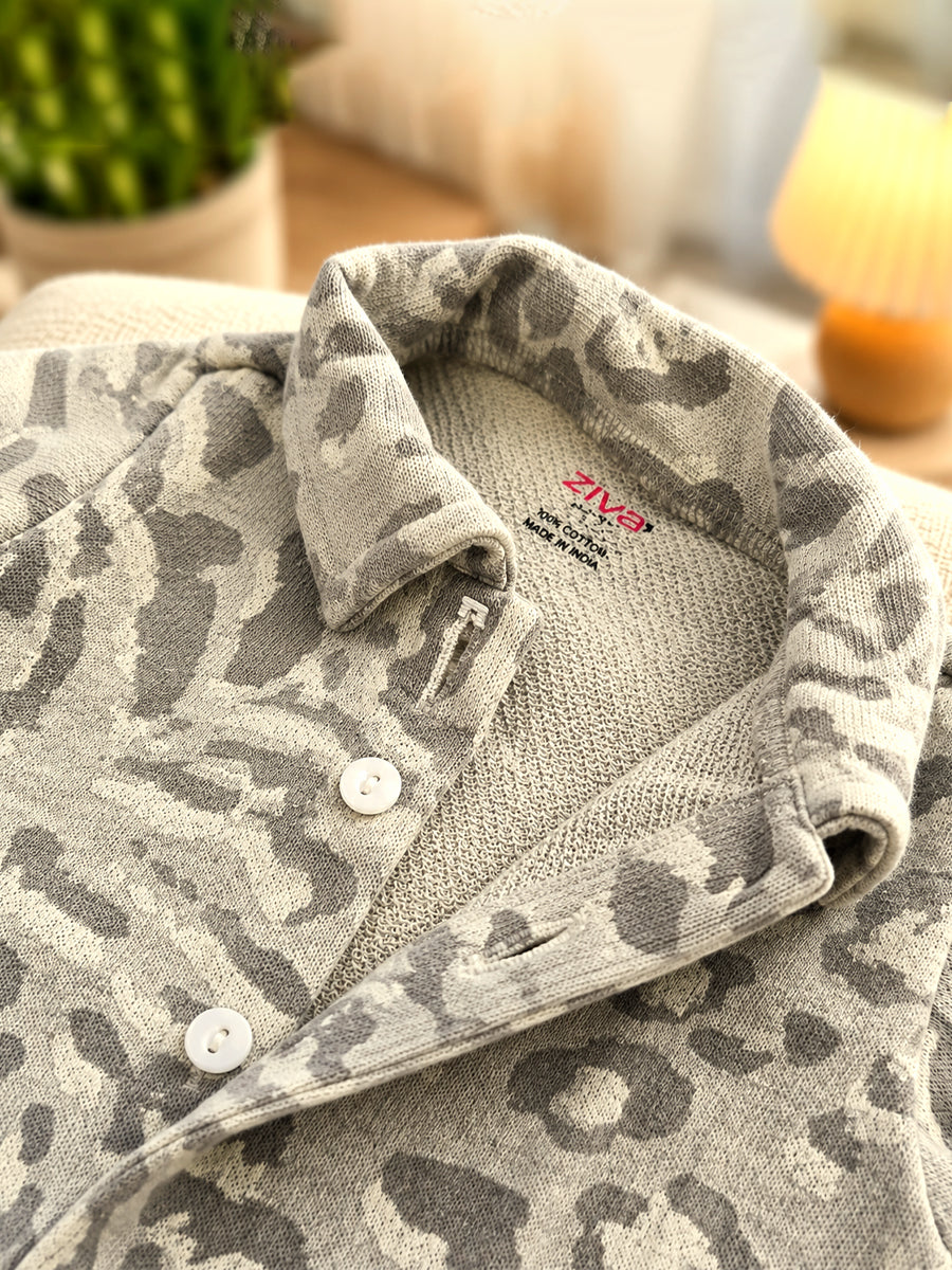 Ziva Premium Knitted Cotton Baby Co-Ord Set – Collar Neck Shirt & Elastic Waist Shorts | Dark Grey Abstract Animal Print