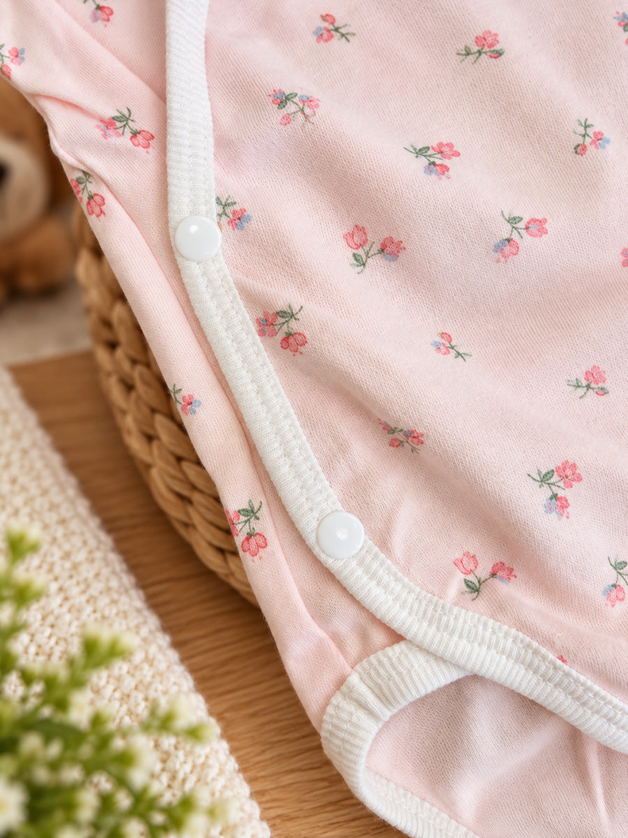 Ziva Baby Romper – Premium Knitted Cotton Overlap Style – Pack of 3 | Ivory Butterfly, White Pink Floral & Blush Pink Mini Floral Assorted Prints