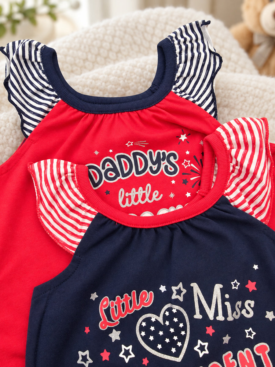 Baby Girl Premium Knitted Cotton Jumpsuit Combo – Navy Blue & Red | Flutter Sleeves | Press-Button Open | 0–3 to 18–24 Months |Ziva Collected | Carefully Selected for Your Little One