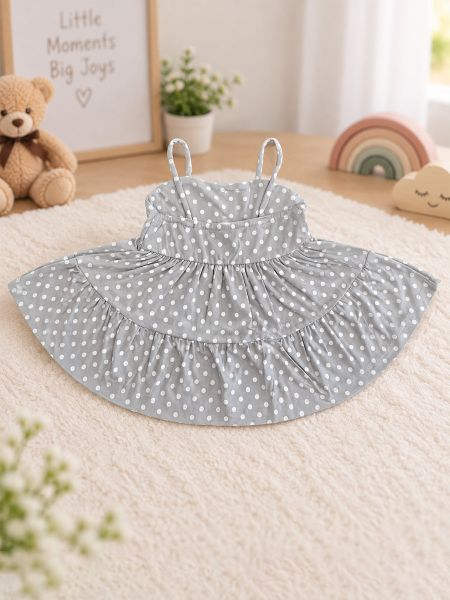 Ziva Baby Girl Strappy Frock with Pantie – Soft Grey White Polka Dot Print | Premium Knitted Cotton | Two-Tier Frill & Front Buttons | 2-Piece Set