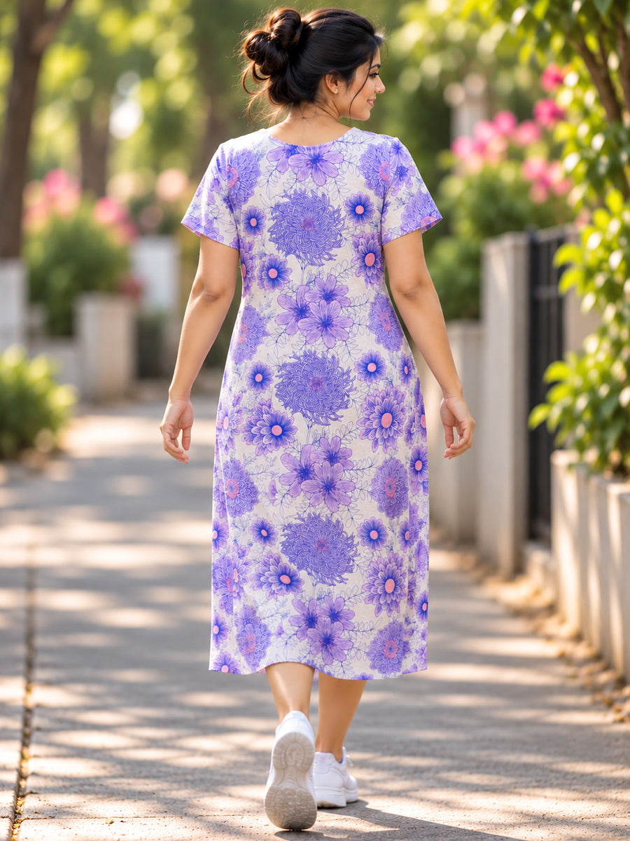 Ziva Maternity & Feeding Cotton Short Nighty – Concealed Feeding Zips & Side Pocket | Purple Floral Print