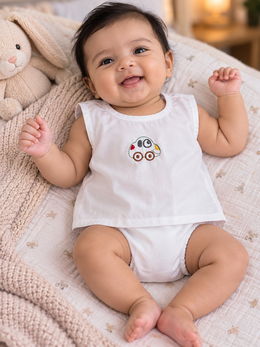 Ziva Premium Cotton Embroidery Jabla – Back Tie Newborn Baby Wear | Cute Vehicle Embroidery | 6 Pieces