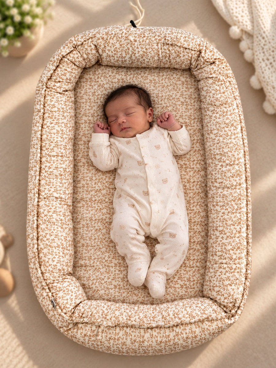 Premium Organic Cotton Baby Nest – Newborn Baby Lounger & Baby Bed | Beige Floral Vine Print. | Ziva Collected | Carefully Selected for Your Little One