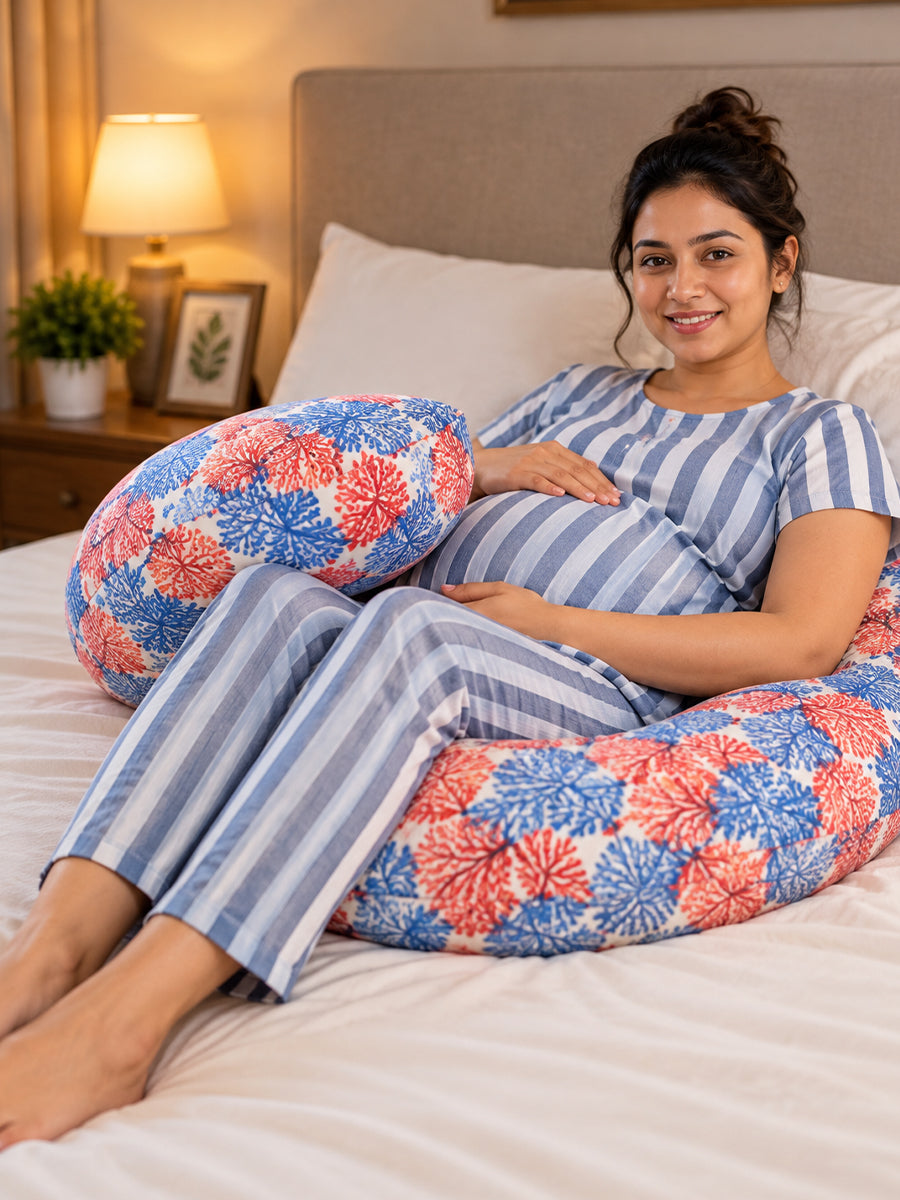 Ziva Multipurpose Pregnancy Pillow / Maternity Pillow / Body Pillow – 9 Shape (C Shape) – Red & Blue Botanical Print | 100% Cotton
