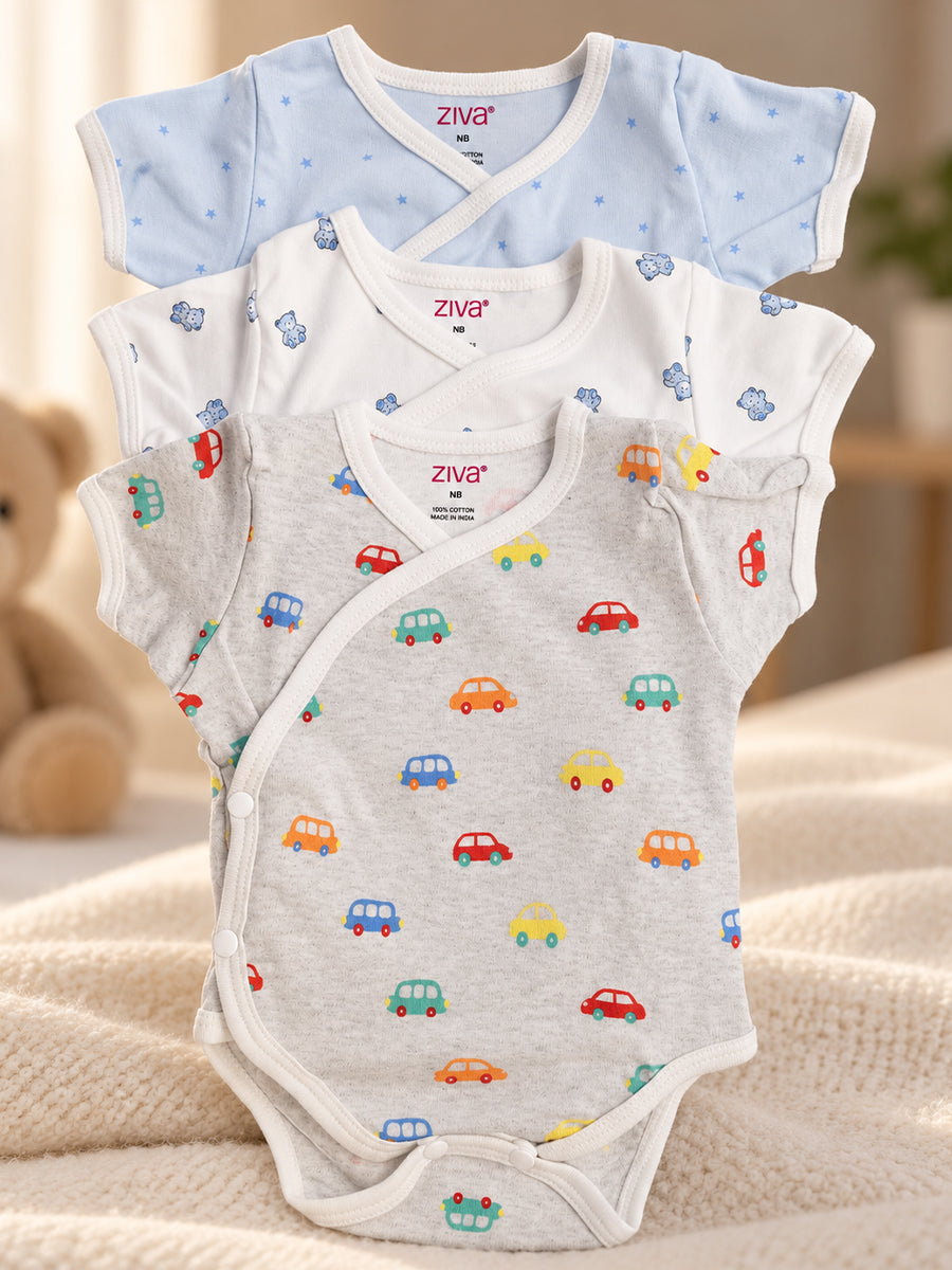 Ziva Baby Premium Knitted Cotton Overlap Romper – Pack of 3 | Grey Multicolour Car, Baby Blue Tiny Star & White Teddy Bear Assorted Prints | Newborn