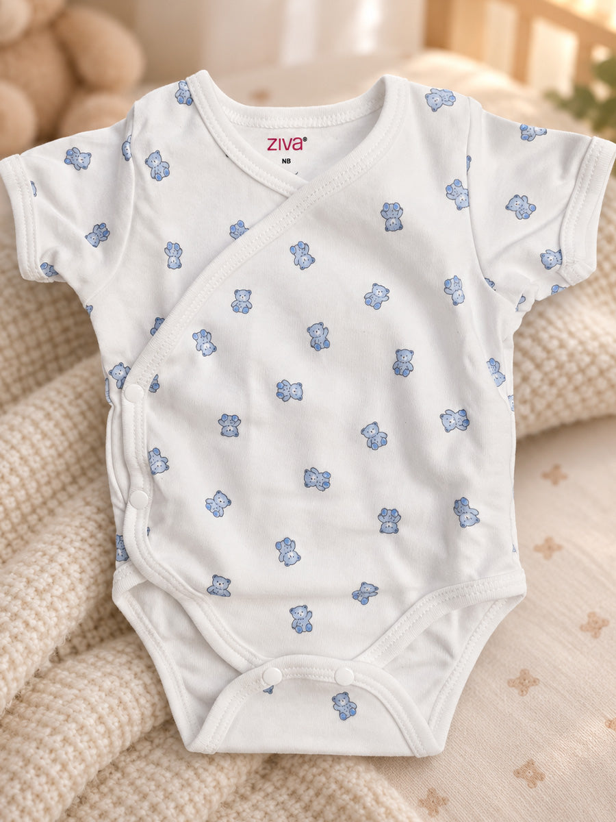 Ziva Baby Premium Knitted Cotton Overlap Romper – Pack of 3 | Grey Multicolour Car, Baby Blue Tiny Star & White Teddy Bear Assorted Prints | Newborn