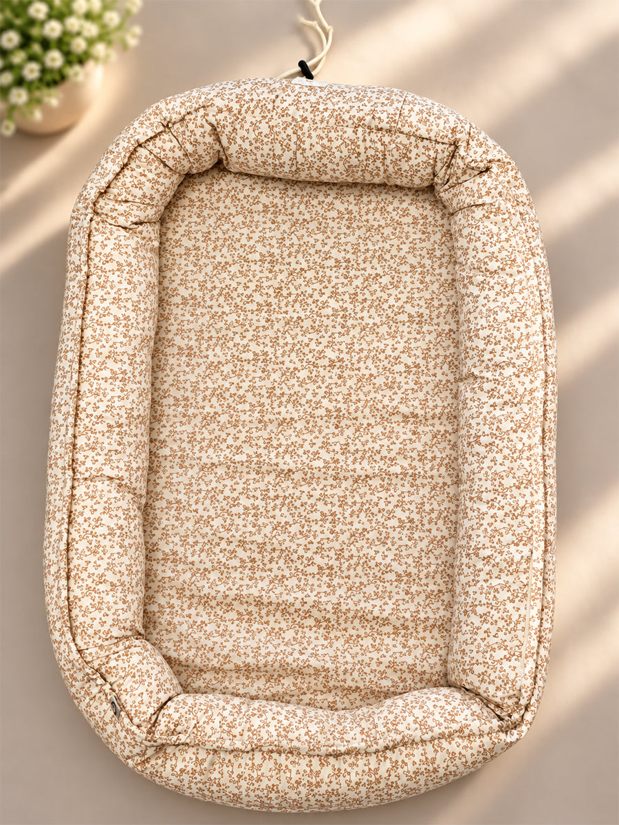 Premium Organic Cotton Baby Nest – Newborn Baby Lounger & Baby Bed | Beige Floral Vine Print. | Ziva Collected | Carefully Selected for Your Little One