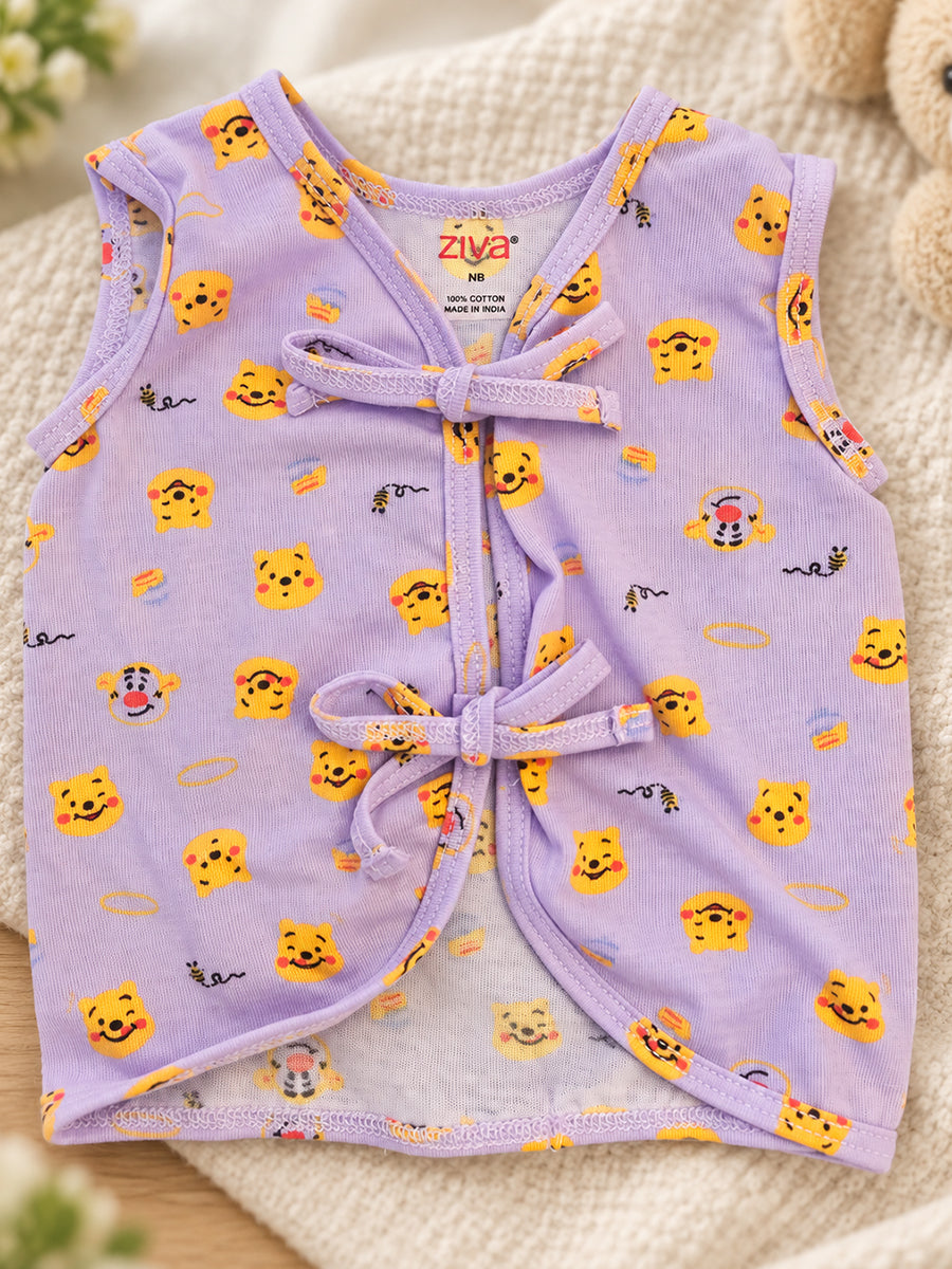 Ziva Newborn Knitted Cotton Front Open Tie Jabla with Light Padded Tie Nappy – Light Lilac Bear Print | 1 Jabla + 1 Nappy