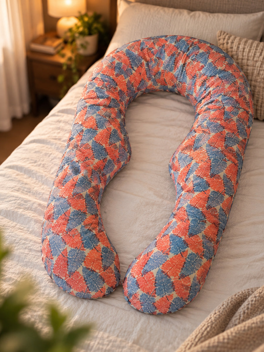 Ziva Multipurpose Pregnancy Pillow / Maternity Pillow / Body Pillow – U Shape – Red & Blue Leaf Print | 100% Cotton
