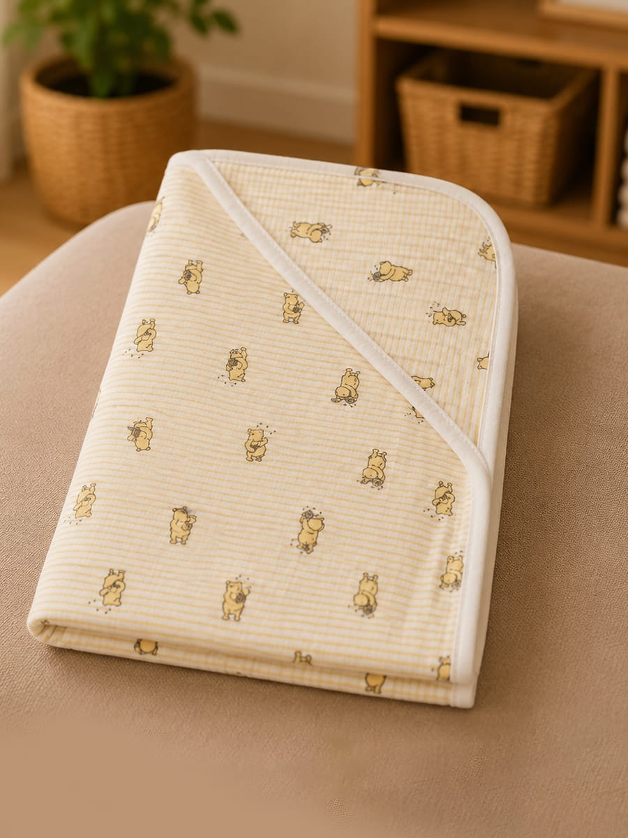 Ziva Premium Quilted Hooded Baby Towel | Off White & Light Yellow | Classic Winnie the Pooh Print | Soft, Absorbent & Quick Dry