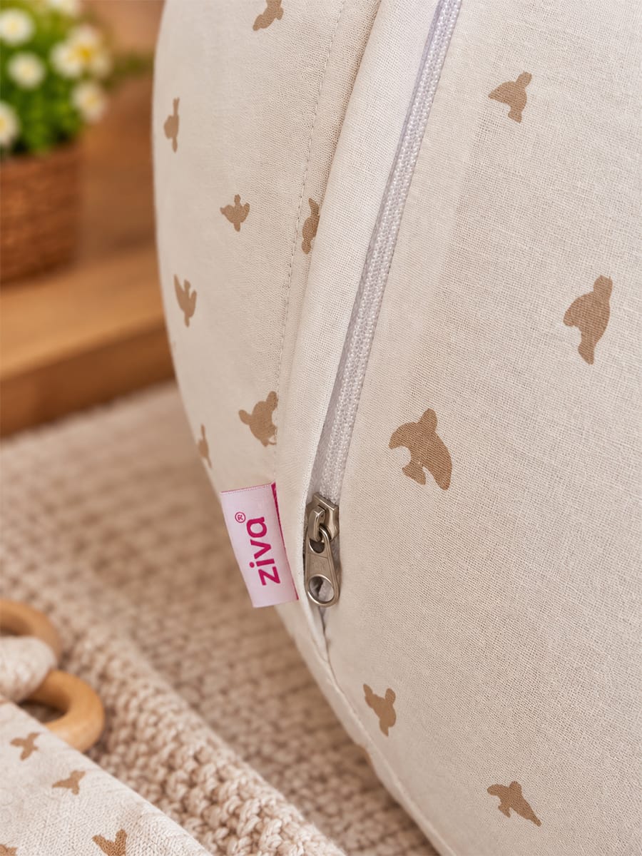 Ziva Multipurpose Feeding Pillow – White with Warm Beige Bird Print | 100% Cotton Cover | Removable & Washable