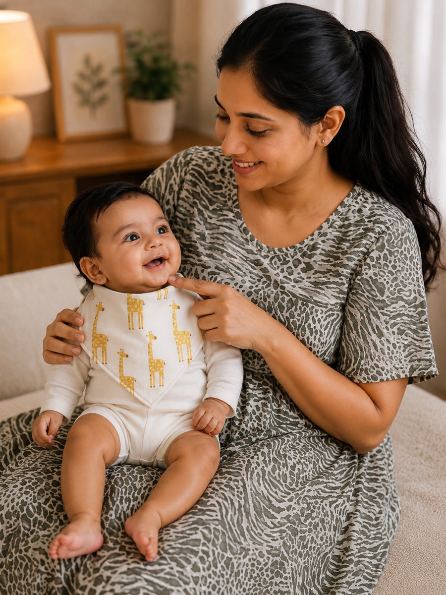 Ziva Premium Knitted Cotton Baby Bib – Pack of 3 | Soft Terry Lining | Adjustable Press Buttons | Assorted Animal Prints