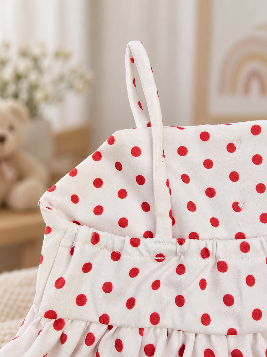 Ziva Baby Girl Strappy Frock with Pantie – White Red Polka Dot Print | Premium Knitted Cotton | Tiered Frill & Front Buttons | 2-Piece Set
