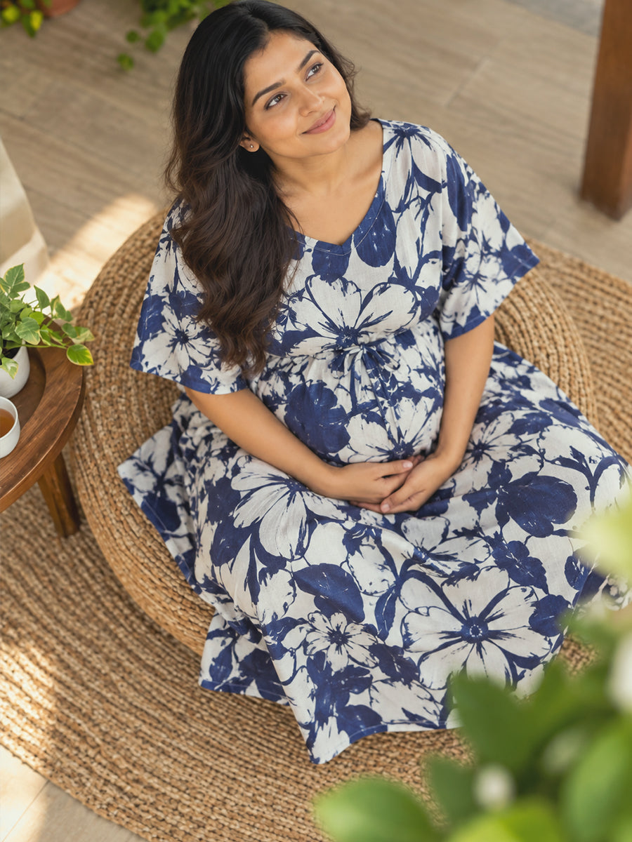 Ziva Maternity & Feeding Kaftan with Feeding Zip & Waist Adjustable Tie – Deep Navy Blue Floral Print