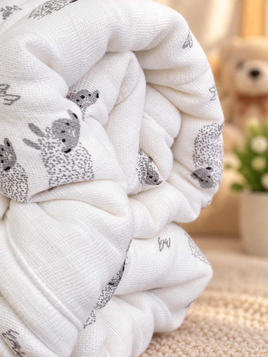 Ziva Premium Muslin Hooded Towel – Double Layer Muslin with Soft Fleece Core | Grey Hedgehog Print