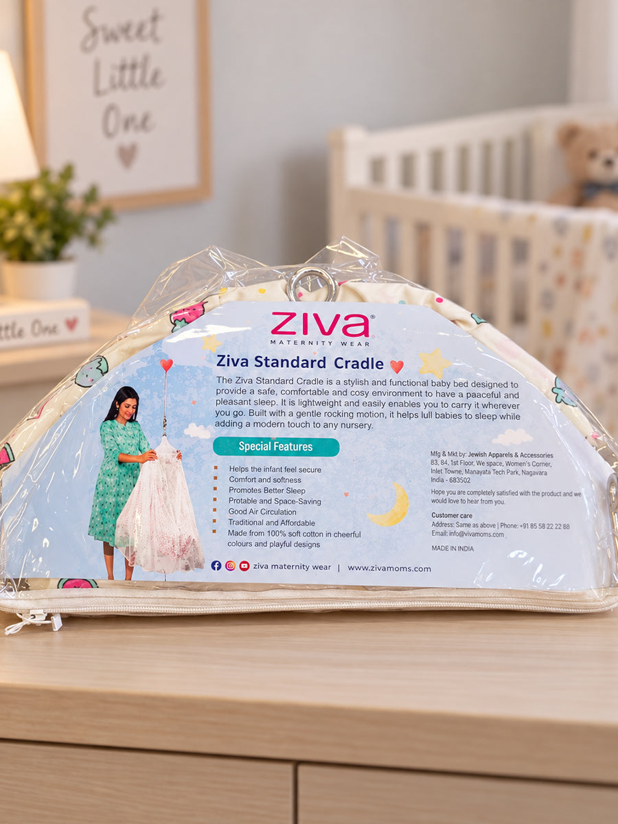 Ziva Baby Cradle – Fruity Friends Cream | Premium Cotton Cloth Cradle with Mosquito Net, Hanger & S-Hook
