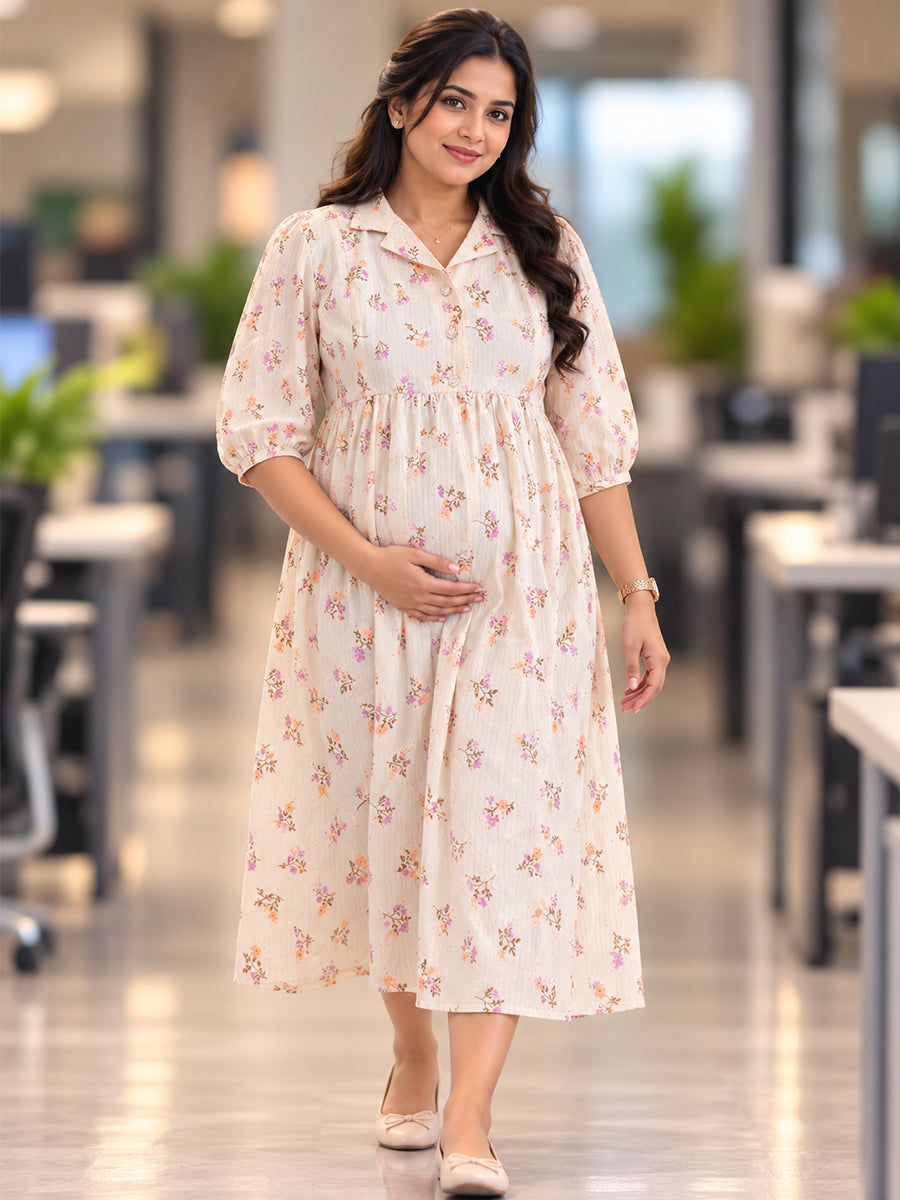 Ziva Premium Cotton Seersucker Maternity & Feeding Dress with Notched Collar, Concealed Zips & Side Pocket | Natural Ivory Multicolour Botanical Floral