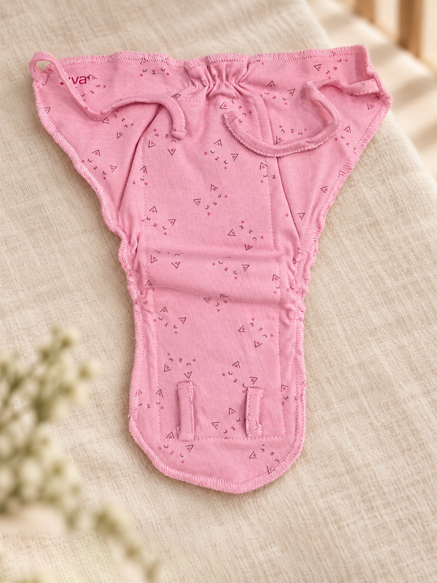 Ziva Newborn Knitted Cotton Front Open Tie Jabla with Light Padded Tie Nappy – Soft Pink Mini Print | 1 Jabla + 1 Nappy