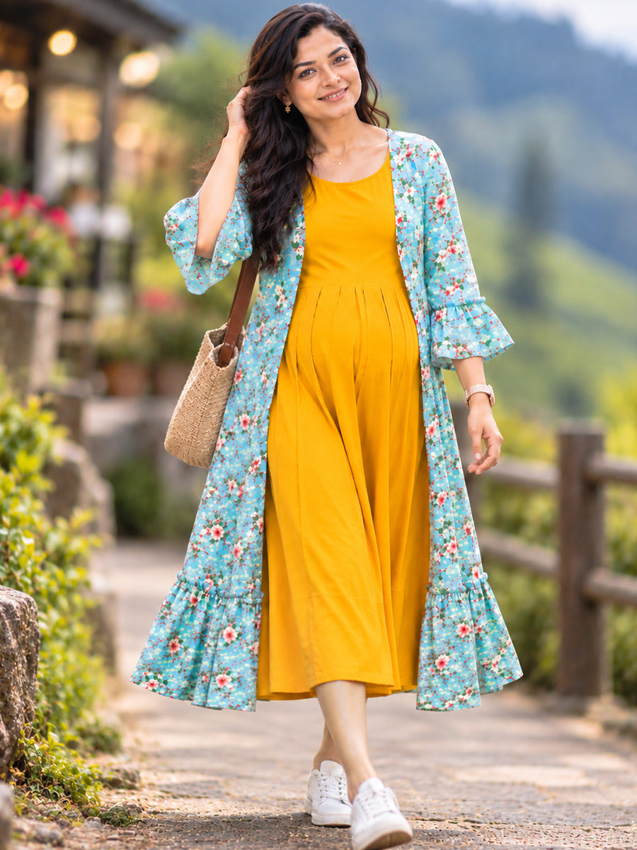 Ziva Premium Rayon Maternity & Feeding Dress with Sleeveless Inner & Floral Tie-Up Long Jacket with side pocket – Dark Orange Yellow & Aqua Blue Floral