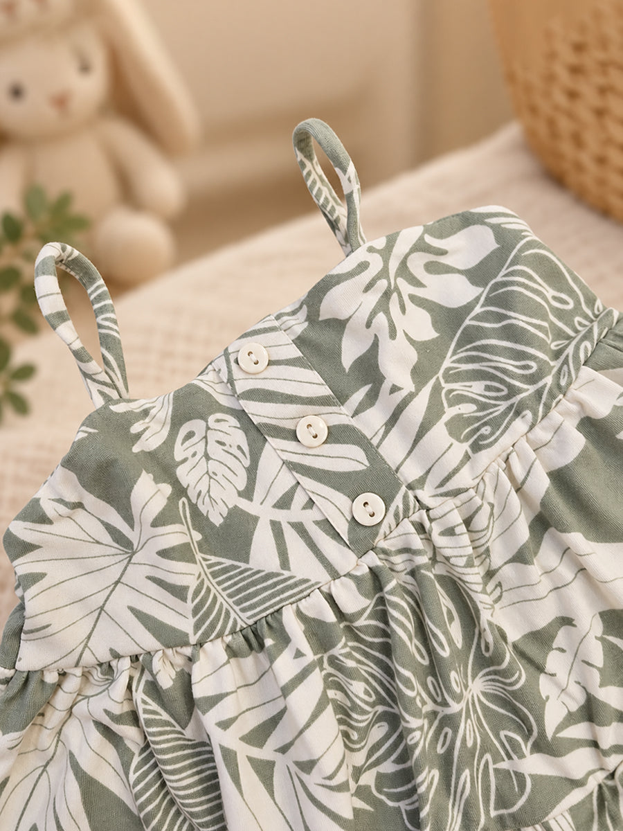 Ziva Baby Girl Strappy Frock with Pantie – Sage Green Tropical Leaf Print | Knitted Cotton