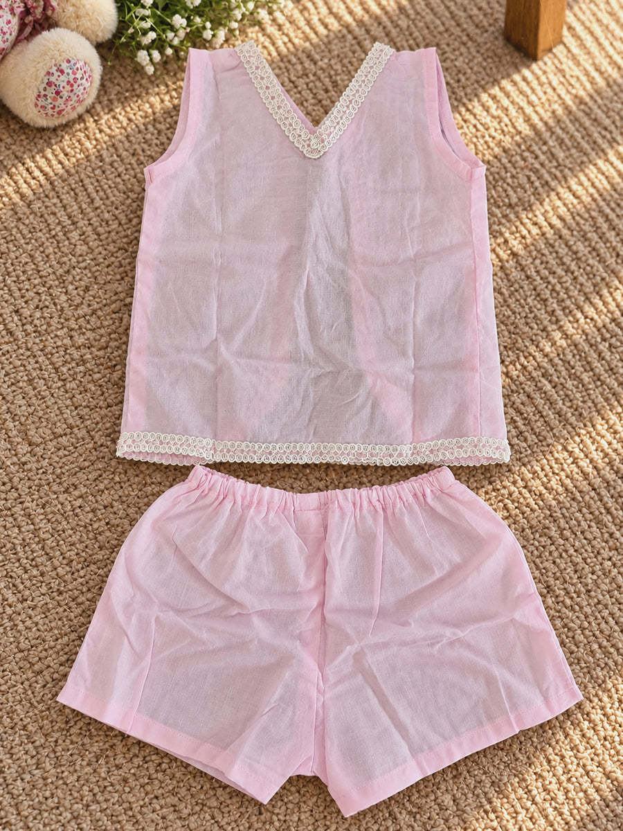 Ziva Baby Cotton V-Neck Top & Shorts Set – Soft Baby Pink | Cream Lace & Back Tie | 1 Top + 1 Shorts