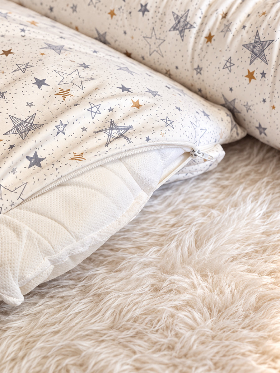 Premium Organic Cotton Multipurpose Baby Nest – Newborn Baby Lounger & Baby Bed | Grey & Gold Star Print | Ziva Collected | Carefully Selected for Your Little One