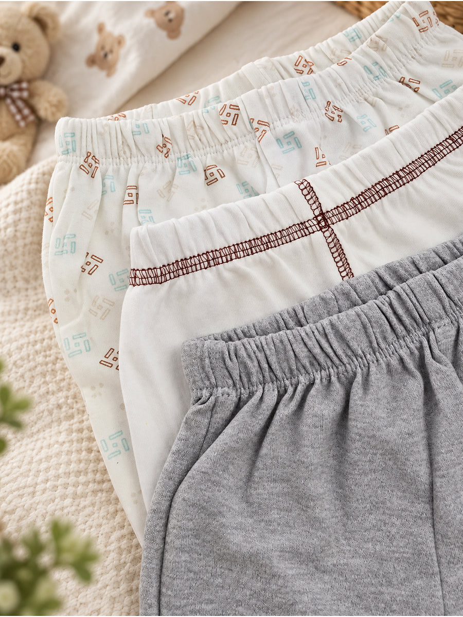 Baby Knitted Cotton Pants Combo – Pack of 3 | Grey, Off-White & Assorted Geometric Print | 6–9 Months | Ziva Collected | Carefully Selected for Your Little One