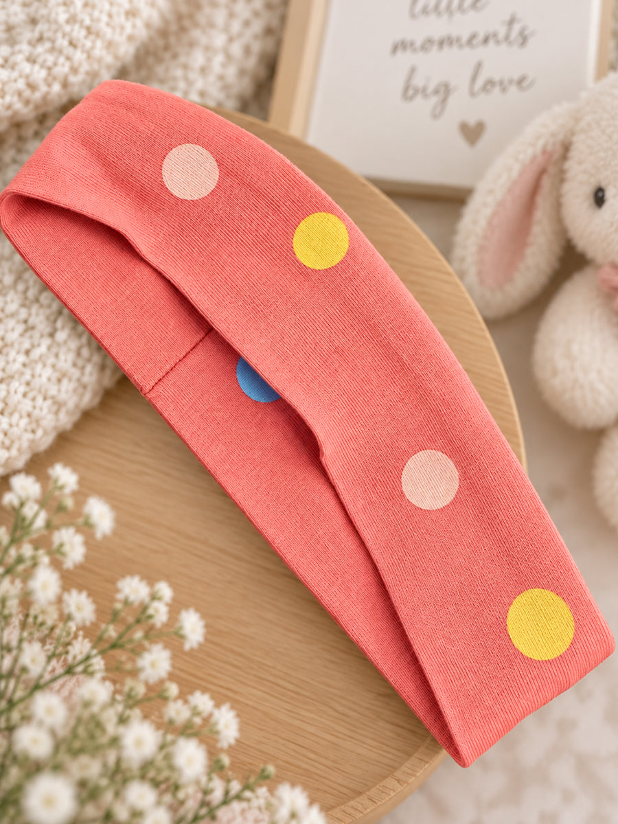 Baby Knitted Cotton Pinafore Romper Set – Coral Multicolour Polka Dot | Inner Top & Hairband | Newborn to 9–12 Months