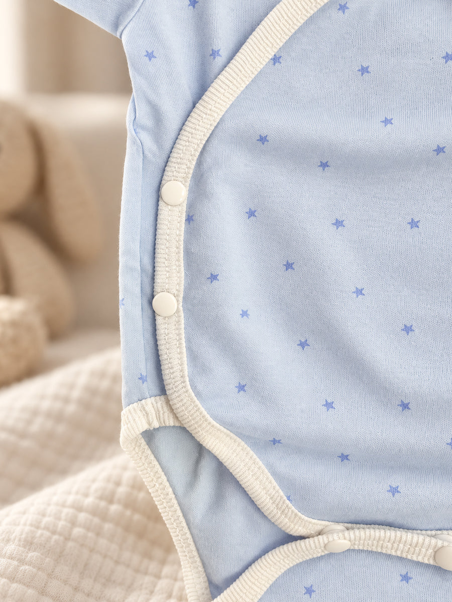 Ziva Baby Premium Knitted Cotton Overlap Romper – Pack of 3 | Grey Multicolour Car, Baby Blue Tiny Star & White Teddy Bear Assorted Prints | Newborn