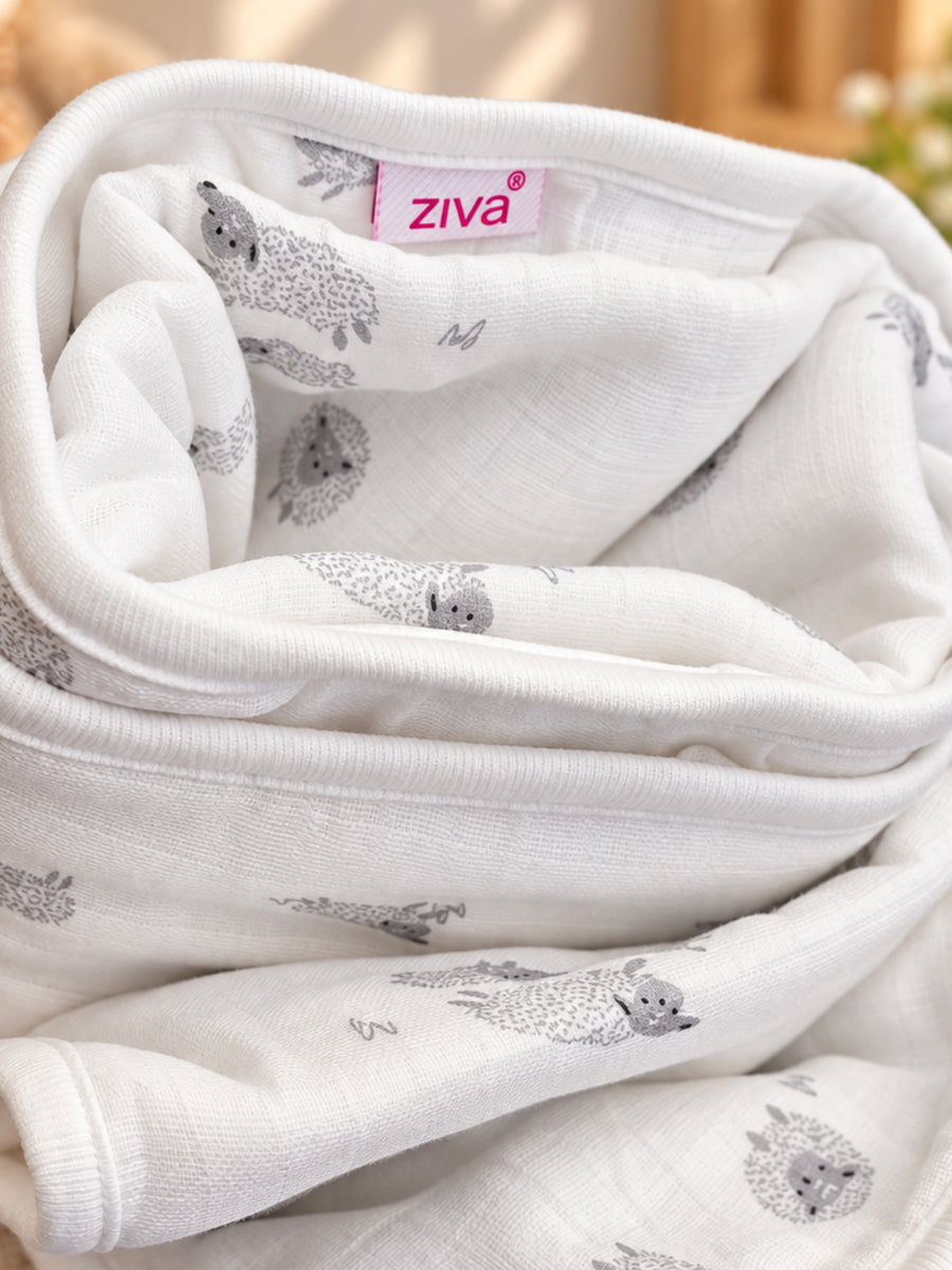 Ziva Premium Muslin Hooded Towel – Double Layer Muslin with Soft Fleece Core | Grey Hedgehog Print