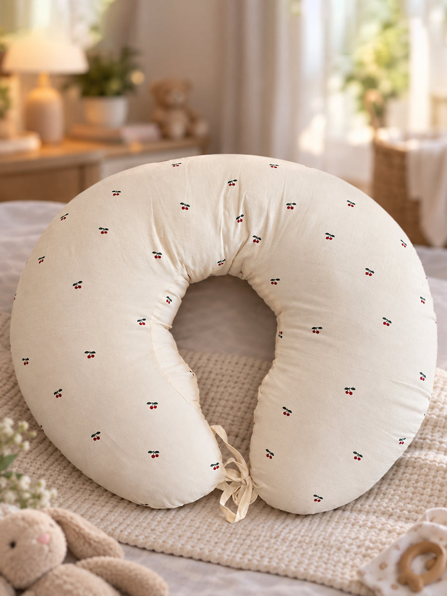Ziva Multipurpose Feeding Pillow – Premium Organic Cotton | Soft Cream with Tiny Cherry Print | Removable & Washable Cover