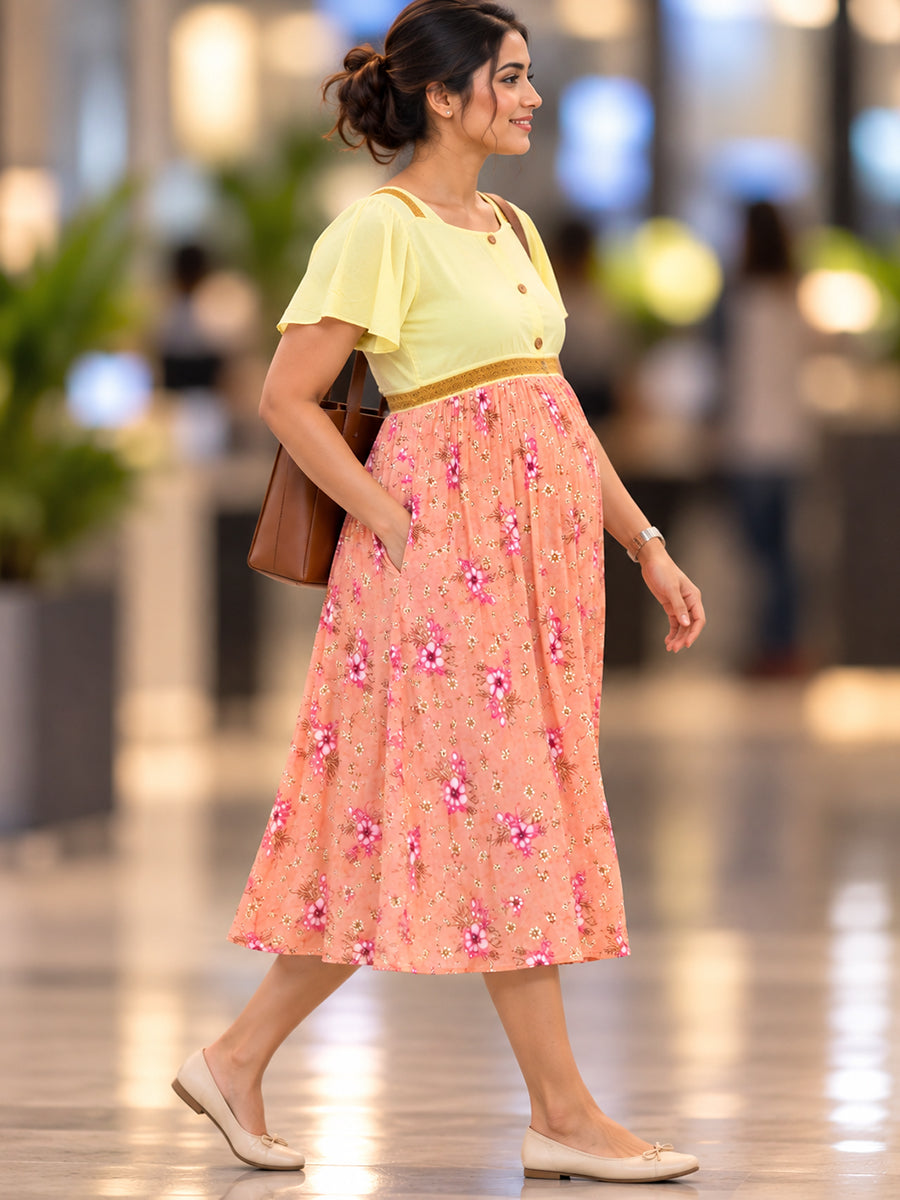Ziva Maternity & Feeding Rayon Dress with Circular Sleeves & Concealed Zips | Soft Lemon Yellow & Peach Pink Floral