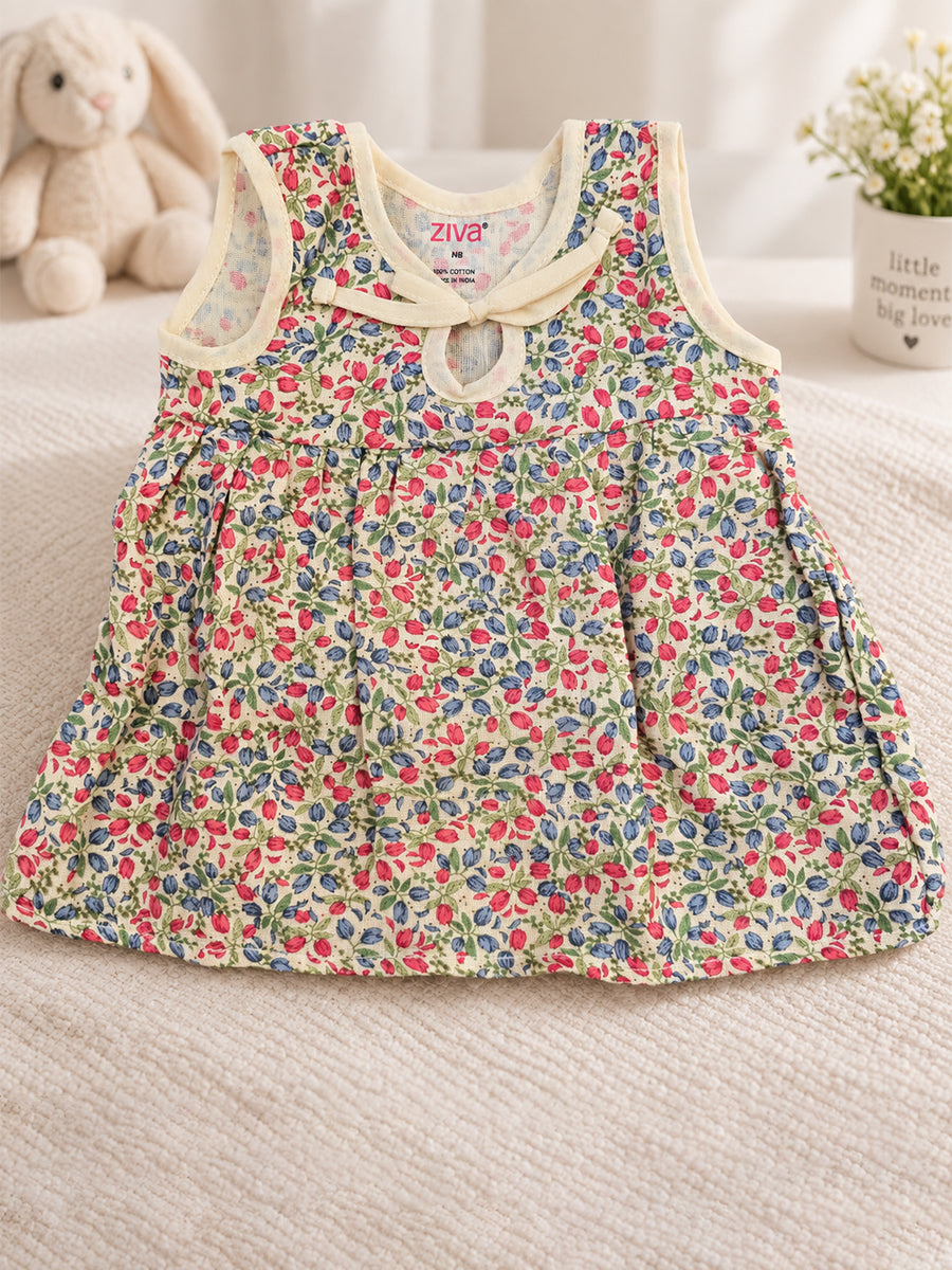 Ziva Muslin Baby Girl Front Knot Tie Frock – Pack of 3 | Premium Cotton Muslin | Assorted Botanical Prints (Print Details: Check Product Description)