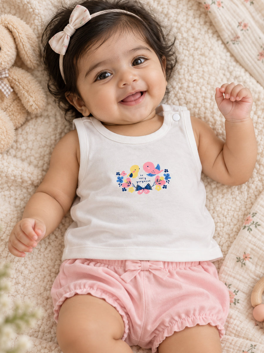 Baby Girls Cotton Sleeveless T-Shirt Combo – Pack of 3 | Assorted Prints | Shoulder Press Buttons | Ziva Collected | Carefully Selected for Your Little One