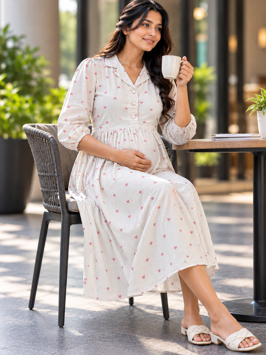 Ziva Premium Viscose Linen Maternity & Feeding Dress with Notched Collar, Concealed Zips & Side Pocket | Soft Cream Dusty Rose Heart Print