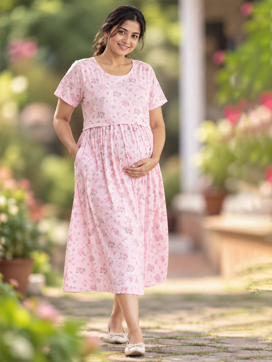 Ziva Zipless Maternity & Feeding Knitted Dress with Adjustable Waist Tie & Side Pocket | Soft Blush Pink Rose Floral