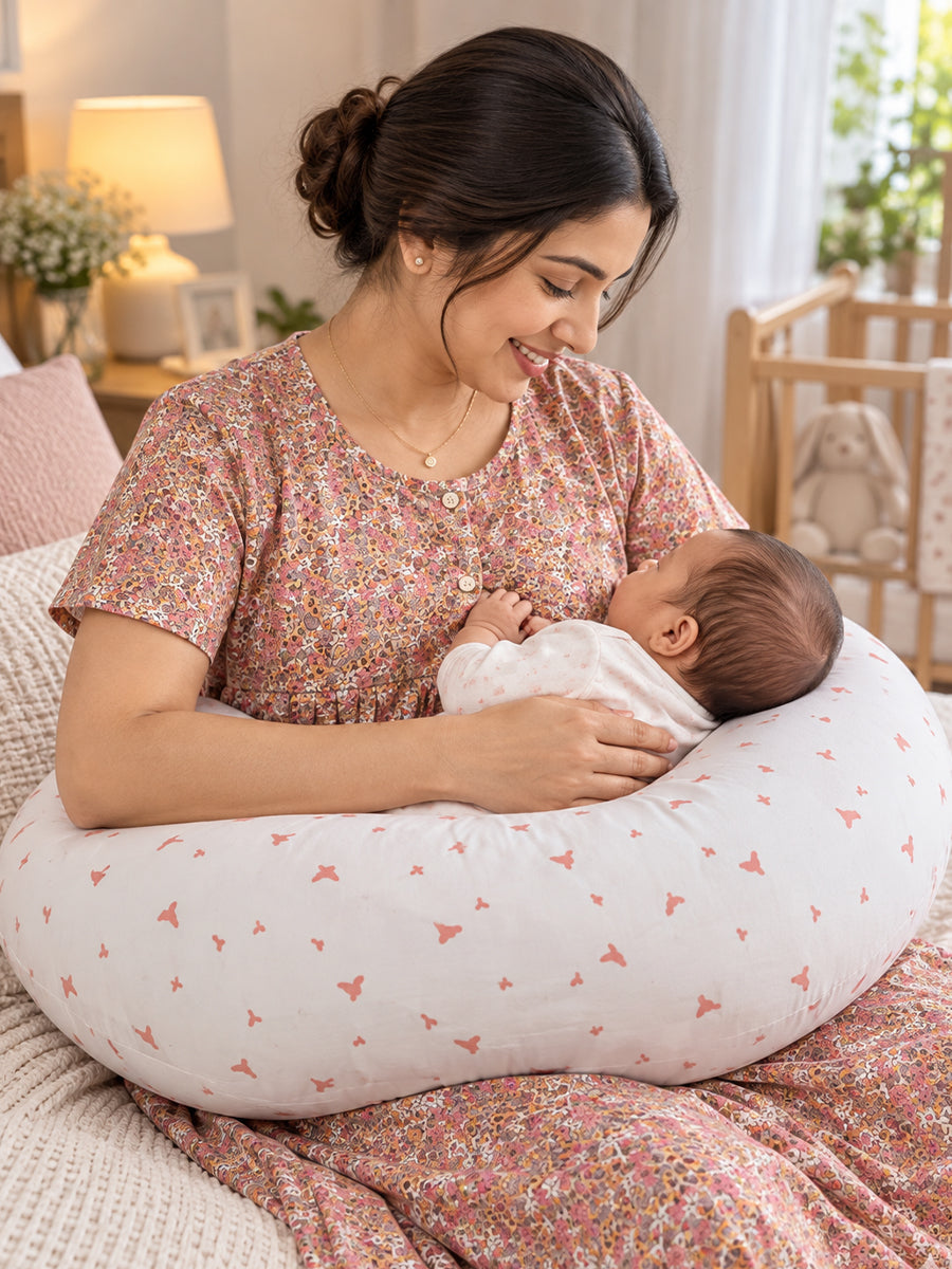 Ziva Multipurpose Feeding Pillow – White with Peach Pink Bird Print | 100% Cotton Cover | Removable & Washable