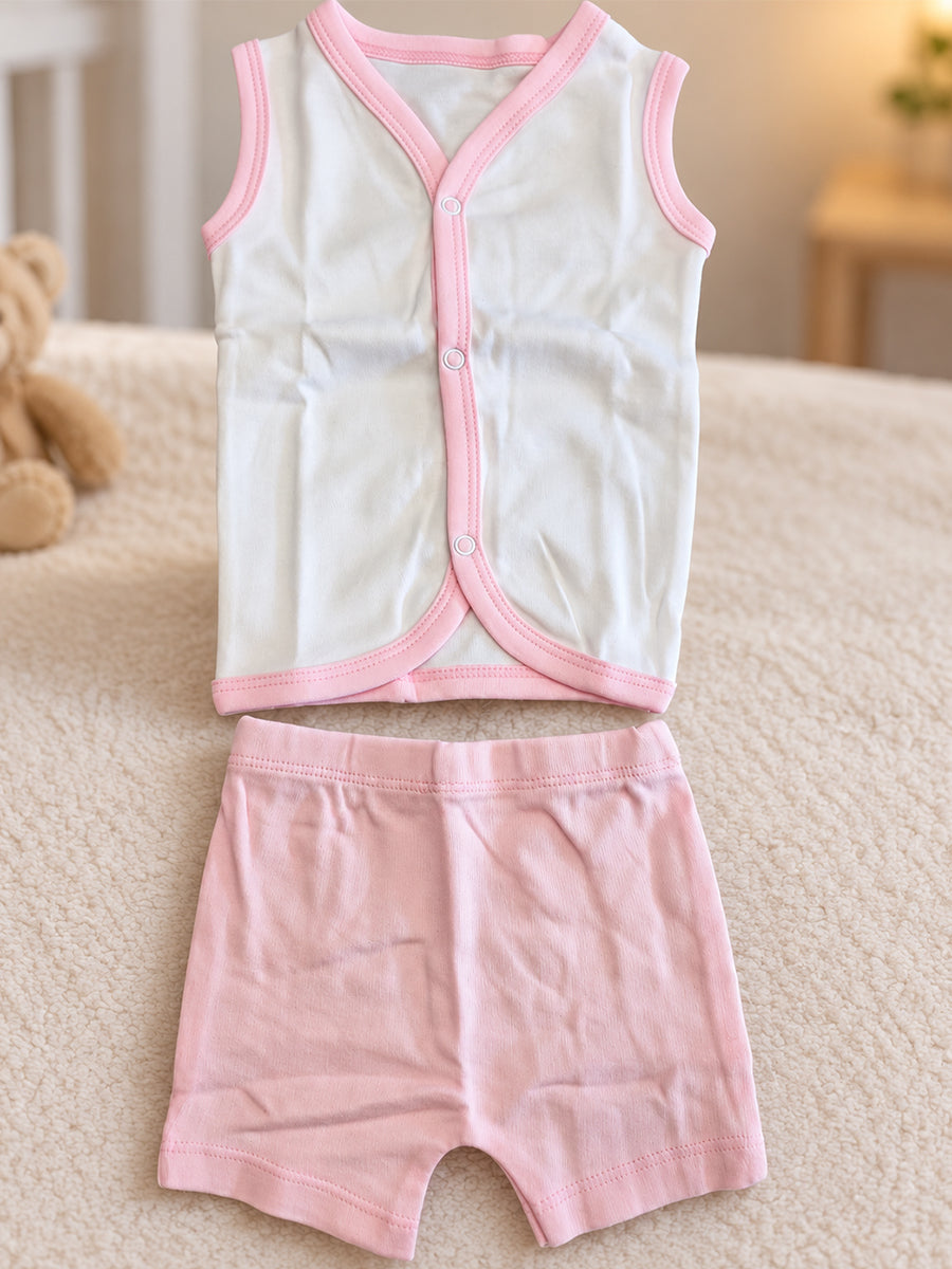 Ziva Baby Jabla & Nicker Set – White & Baby Pink | Knitted Cotton | Front Press-Button Open | 1 Jabla + 1 Nicker