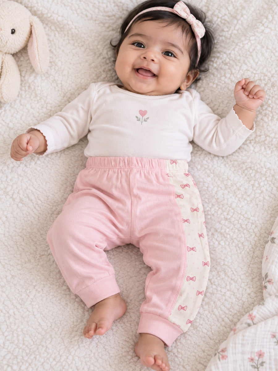 Baby Knitted Cotton Pants Combo – Pack of 3 | Assorted Pink & Floral Print | 3–6 Months | Ziva Collected | Carefully Selected for Your Little One