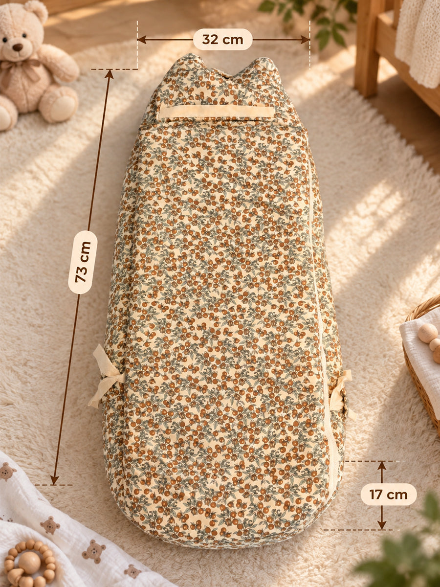 Premium Organic Cotton Multipurpose Baby Nest – Newborn Baby Lounger & Baby Bed | Rust Orange Botanical Fruit Print | Ziva Collected | Carefully Selected for Your Little One