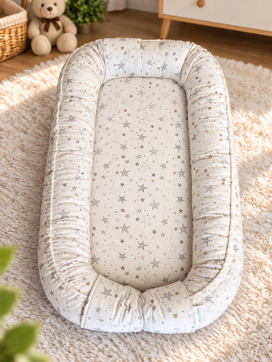 Premium Organic Cotton Multipurpose Baby Nest – Newborn Baby Lounger & Baby Bed | Grey & Gold Star Print | Ziva Collected | Carefully Selected for Your Little One