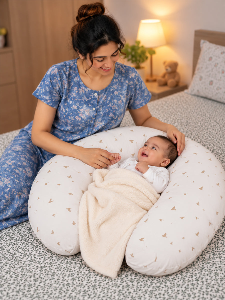 Ziva Multipurpose Feeding Pillow – White with Warm Beige Bird Print | 100% Cotton Cover | Removable & Washable